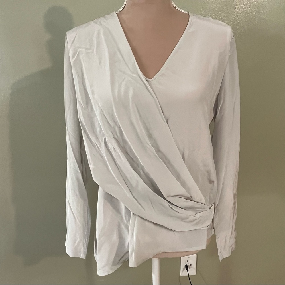Symphony 100% Silk Elegant Women's Draped V-Neck Wrap Top Silver Office XS NWT